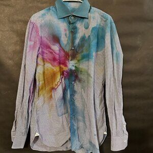 Isaia Napoli Spiral Tie Dye Shirt Neck Size 16 Size Large Rainbow Dress Plaid